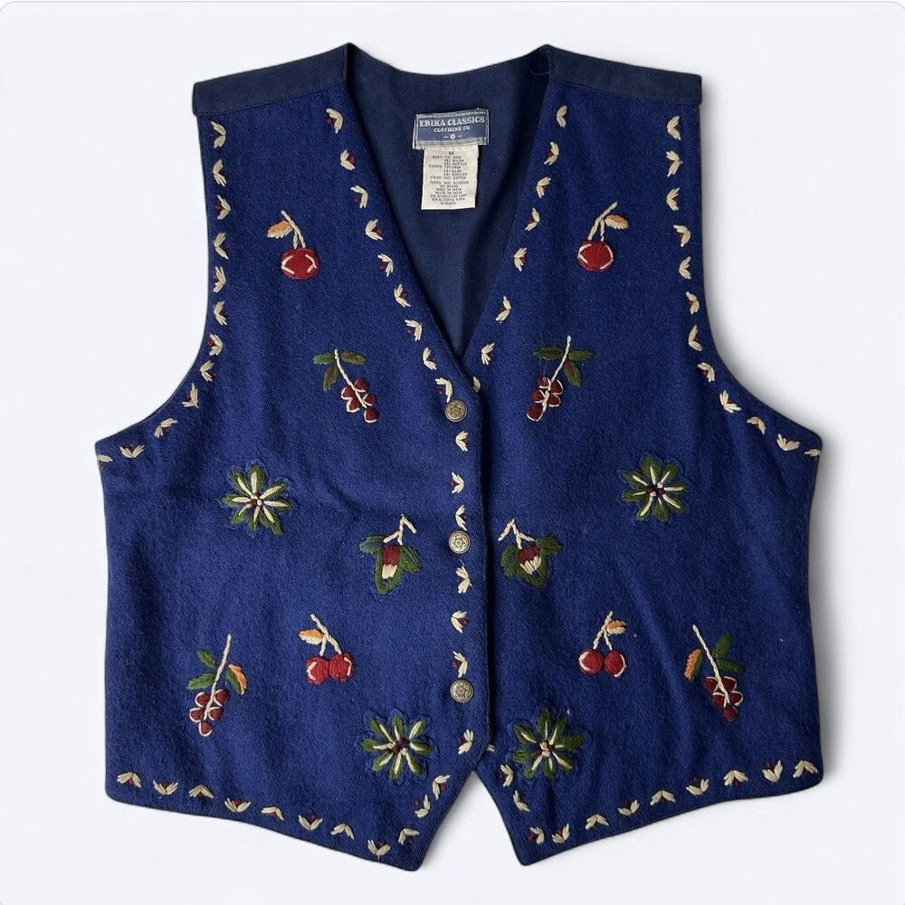 Erika Classics Embroidered Vest Sz M Blue Wool Blend Cherries Floral Fall Vtg‎